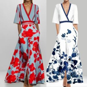 Basic Dresses Women Floral Print Maxi Dress Casual Loose V Neck Long Sleeve Ankle-length Vestidos Spring Summer Elegant Holiday Shirt Robe 230531