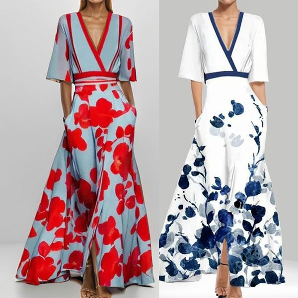 Basic Dresses Women Floral Print Maxi Dress Casual Loose V Neck Long Sleeve Ankle-length Vestidos Spring Summer Elegant Holiday Shirt Robe 230531