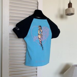 Women's T-Shirt Designer Printed blue contrasting shoulder length spicy girl short sleeved T-shirt slim fit top for women