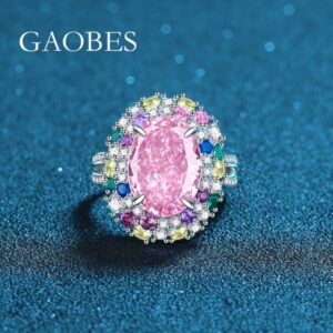 S925 Sterling Silver Padparadscha Pink High Carbon Diamond Egg-Shaped Open Band Ring, Multicolored Gemstone Women's Fashionable Luxury Diamond Ring