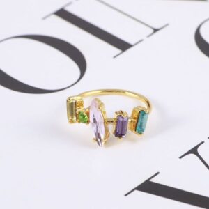 2025 18K Gold Plated Multi Crystal Rings Open Finger Band Amethyst&Emerald Trendy And Eye-Catching Anti-rust Fine Jewelry For Womem