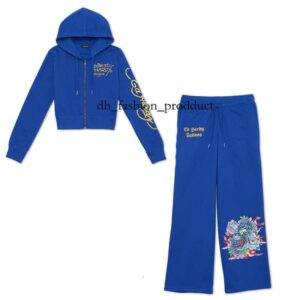 edhardyly women tracksuits sport suits edhardypants Tracksuit Two Piece Set Outfits Strapless Casual printed Pants Y2K straight trousers Street zipper hooded 31e