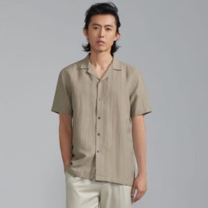 BXS/Men's Business Casual Lyocell and Linen Short-Sleeve Leisure t shirt/Business-to-Leisure Lyocell Trousers t shirt/Men's slim-fit short-sleeved Tencel Cuban collar