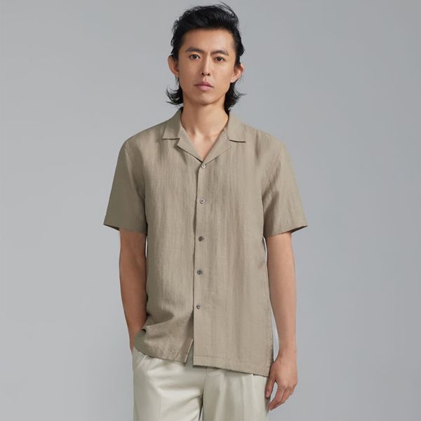 BXS/Men's Business Casual Lyocell and Linen Short-Sleeve Leisure t shirt/Business-to-Leisure Lyocell Trousers t shirt/Men's slim-fit short-sleeved Tencel Cuban collar