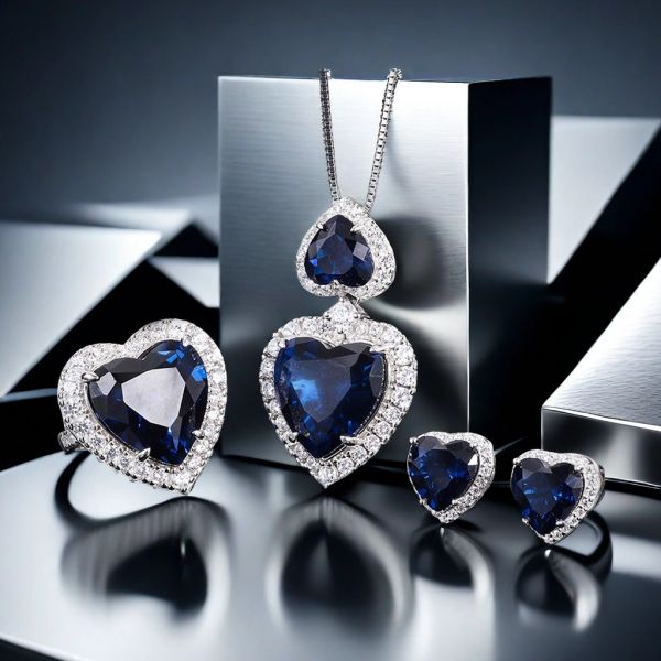 15*15 Love heart Jewelry Set S925 sterling Silver Royal Blue High Carbon Diamond Ring, Pendant Necklace, Earrings ,Antique Classic Elegant Precious Jewelry Set