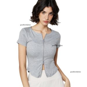 Comfortable Womens Sporty Workout Tee with Zippers Breathable Athleticwear Top