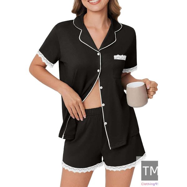 Womens Short Sleeve Pamas Soft Sleepwear Button Down Lounge Set Lace Top and Shorts Pj Nightwear