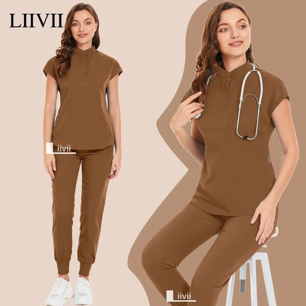 Brown Beauty Workwear Women Nurses Uniform Scrubs Set Spa Tops Pants Clinic Carer Nursing Uniforms Jogger Suits 240527
