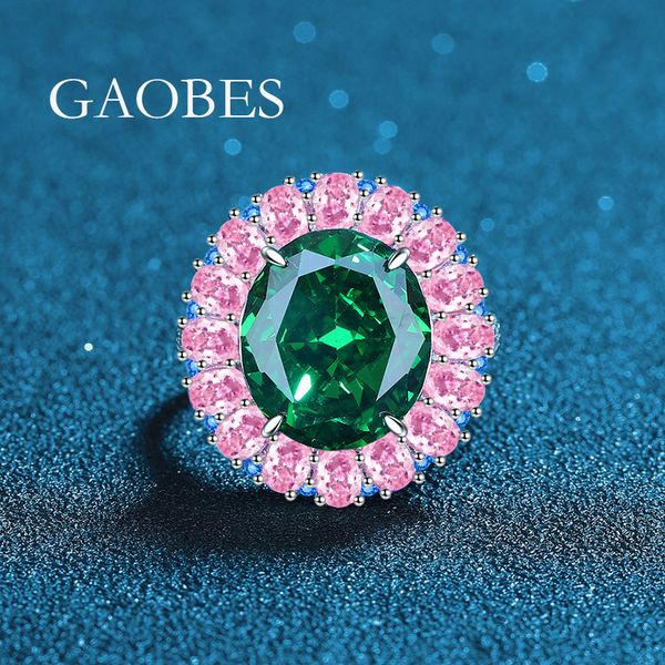 Luxury 925 Sterling Silver Adjustable Ring with Green Gemstone, High-Carbon Diamond, Pink Teardrop Stones, Elegant Floral Design for Women