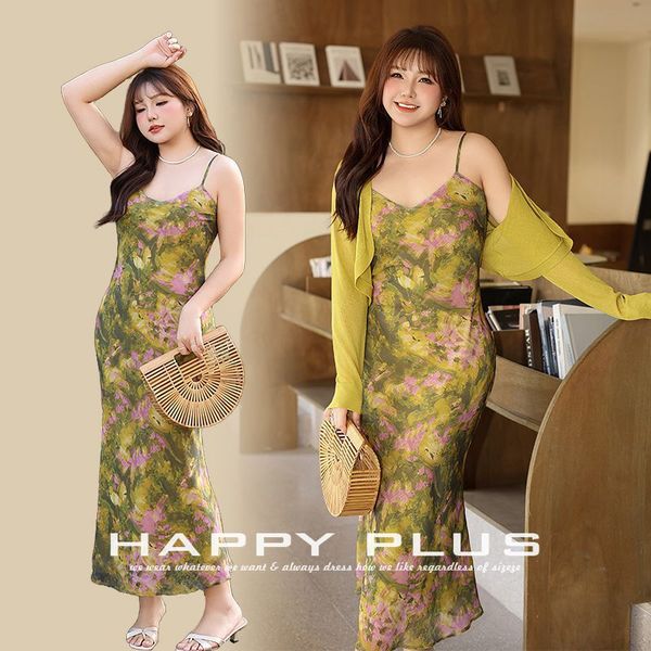 B443 oil painting smudged oblique V-neck fishtail suspender dress Runqi 8924 large size French oil painting elegant suspender dress