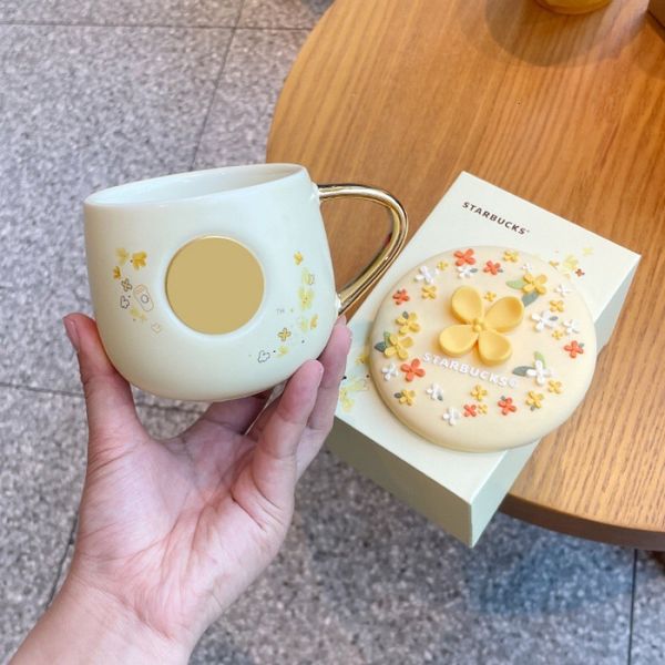 Mermaid Goddess Bronze Badge Coffee Mug Pastoral Style Golden Gui Ceramic Water Cup with Lid Spoon