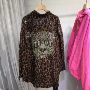 Stylish Unisex Plus Size Leopard Print Shirt with Embellished Crystals – Autumn/Winter Outerwear