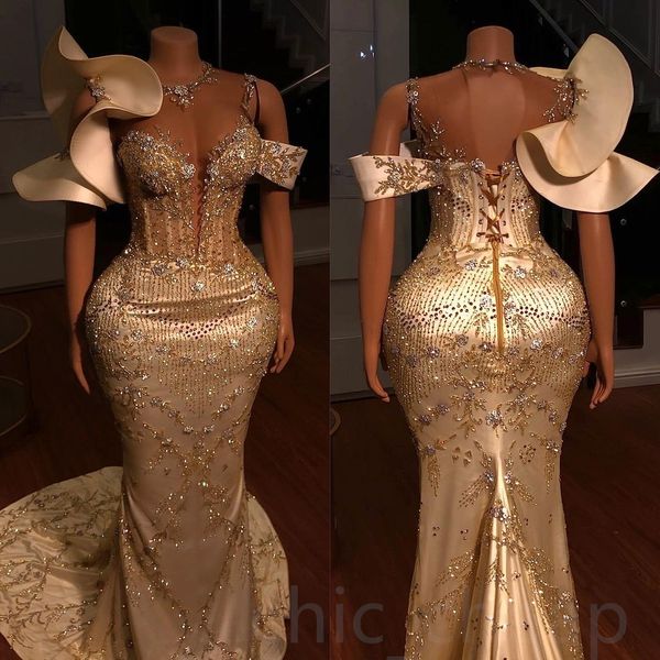 2024 Arabic Aso Ebi Gold Mermaid Prom Dresses Lace Beaded Sexy Evening Formal Party Second Reception Birthday Engagement Gowns Dress ZJ773