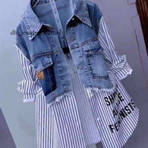 mithworld Fashion Striped Denim Jacket Womens SpringSummer 2024 n Sense Stitching Women Jackets Temperament Coat Top f3f
