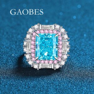 S925 Sterling Silver Open Band Ring, Sea Blue High Carbon Diamond Surrounded by Pink Gemstones, Fashionable Diamond Ring for Women, Luxury Wedding Ring