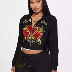 edhardyly women tracksuits sport suits edhardypants Tracksuit Two Piece Set Outfits Strapless Casual printed Pants Y2K straight trousers Street zipper hooded 802