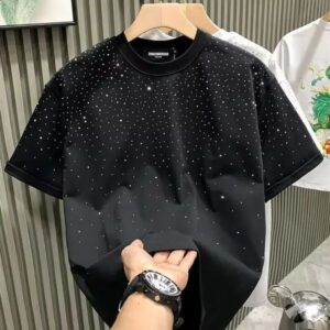 Rhinestone Rivet for Men Clothing Round Neck Casual T-shirt Fashion High Street Mens Summer Short Sleeves 250121