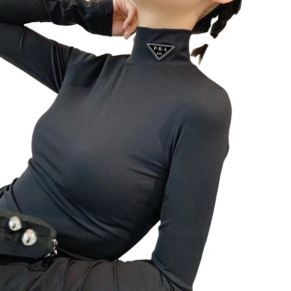 GG-P-R-A Fashion Design Womens Long Sleeve Blouses Shirts Tops Women 2025 Sexy Slim Turtleneck Knitted Blouse Black and white Stretch T-shirt Bottoming Shirt Tops