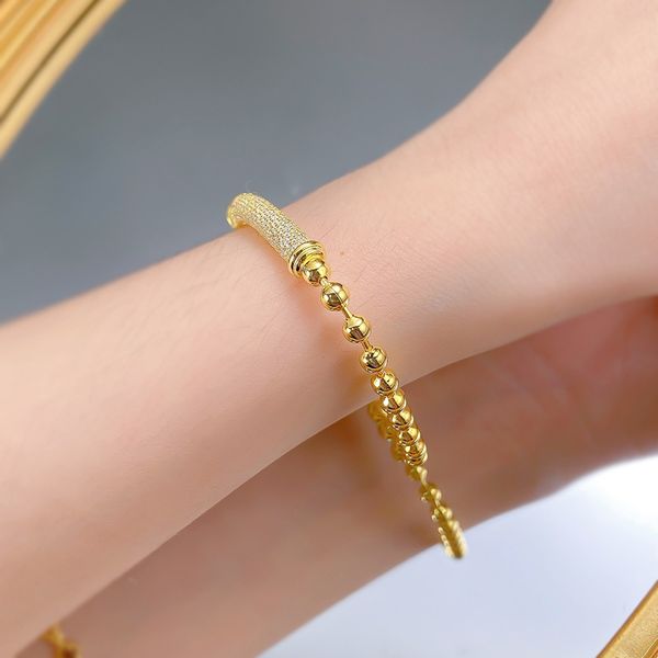 New European Style Gold Beaded Bracelet with Adjustable Full Crystal Zirconia Bar, Fashionable and Elegant Dainty Chain Jewelry for Women