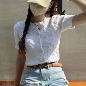 Women T-Shirt Designer Pony Classic Cardigan-Inspired Slim Fit Soft Cotton Knitwear Tee with Button Details