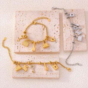Vintage Lock & Key Charm Bracelet | 18K Gold Titanium Steel, Adjustable Boho Chic
