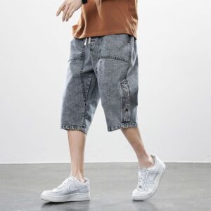 Summer Men's Jeans Denim Breeches Calf-Length Casual Shorts Washed Cotton Drawstring Straight Capris Pants Big Size 8XL