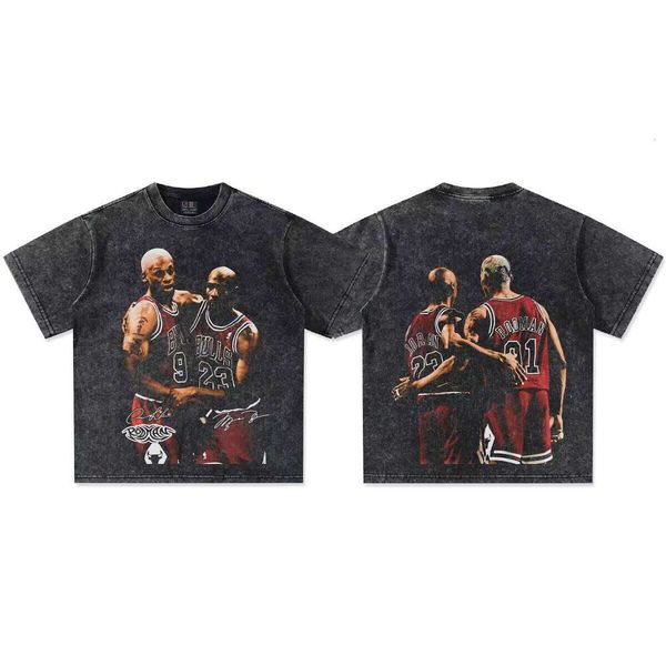 2025 New Bull Star Oversized Casual T-Shirt Unisex Short Sleeve Printed Small Collar Heavy Wash Cotton