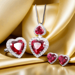 15*15 Love Jewelry Set S925 sterling Silver rose Red High Carbon Diamond Ring, Pendant Necklace, Earrings ,Antique Classic Elegant Precious Jewelry Set for your love