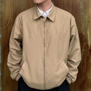 Small Horse Patch Mens Utility Jacket Classic Workwear Coat Bomber Zip Up Style Lightweight Outerwear Khaki Color Casual Fashion Vintage Street Leather Look