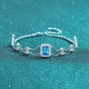 925 Sterling Silver Emerald Cut Moissanite Bracelet for Women with Double Chains, Blue or Clear Center Stone, Adjustable Minimalist Luxury Jewelry