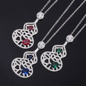 S925 Silver Faux Colored Gemstone Full Diamond Gourd Hollow Pendant Necklace, 6x8mm Main Stone, Exquisite Fashion Luxury Design, Perfect for Any Occasion