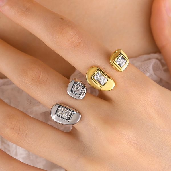 18K Gold Plated Titanium Ring with Zircon Stones, Adjustable Open Ring, High-Quality Non-Fade Women's Jewelry