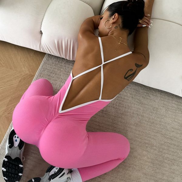 Women's color blocking camisole sports jumpsuit sleeveless quick drying thread tight yoga suit high waist no awkward thread lifting peach hip fitness pants