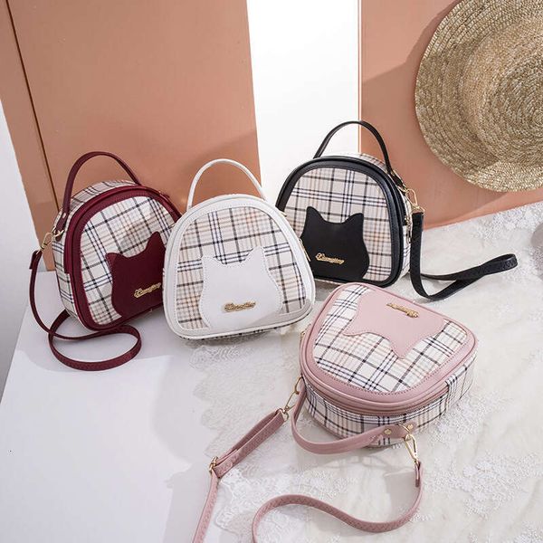 Ladies' 2024 new style plaid contrasting cat face letter label handbag shoulder casual phone gift bag