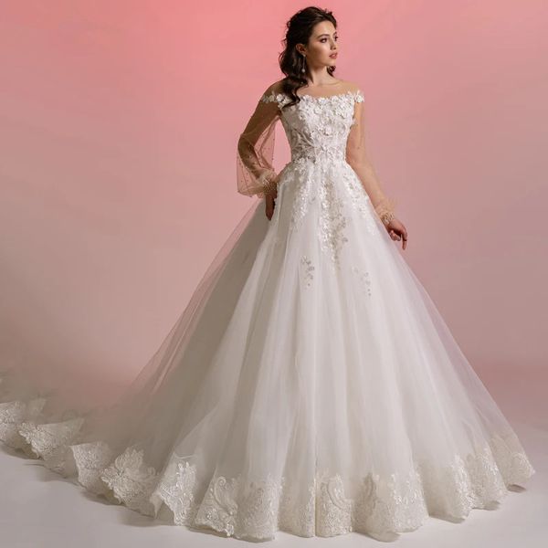 Modern Scoop Neck Puff Sleeves Wedding Dress Lace Appliques Beaded Pearls Vestidos De Noiva Elegant Bridal Ball Gown