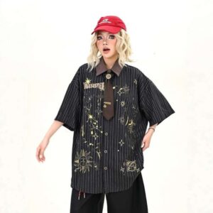 2XL Size 150kg Summer American Style Short Sleeve Unisex Loose Cartoon Embroidery Couple Shirt