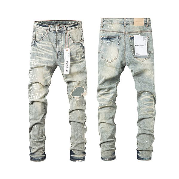 Purples Jean Men Designer Vintage Yellow Mud Straight Brands Pants Y2k Hip Hop High Street Ripped Patch Trendy Retro Straight-Leg Jeans 9B1