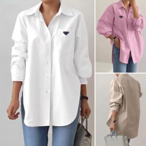 Designer Brands Women's Blouses Shirts Elegant Women Long Sleeve Triangle Shirt 2025 Fashion Women blusas Solid Color Split Hem Loose OL Work Shirt White