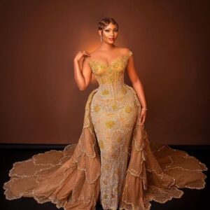 2023 AMVCA Aso Ebi Gold Mermaid Prom Dress Sequined Lace Tulle Evening Formal Party Second Reception Birthday Engagement Gowns Dress Robe De Soiree ZJ308