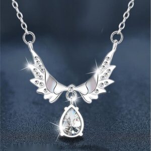 S925 Sterling Silver Angel Wings Moissanite Necklace for Women, Elegant Teardrop Pendant, Dainty Gift Clavicle Chain for Girlfriend