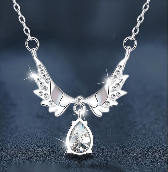 S925 Sterling Silver Angel Wings Moissanite Necklace for Women, Elegant Teardrop Pendant, Dainty Gift Clavicle Chain for Girlfriend