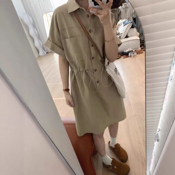 B436 Tencel linen breathable workwear style dress female summer new style lapel waist small fashionable short-sleeved skirt