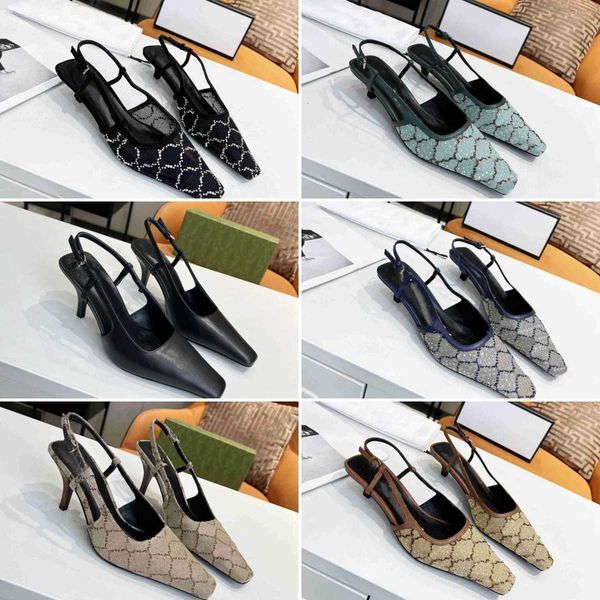 Designer Sandals Slingback Sandals Black Mesh with Crystals Sparkling Print Shoes Mid Heel Sandal Slippers