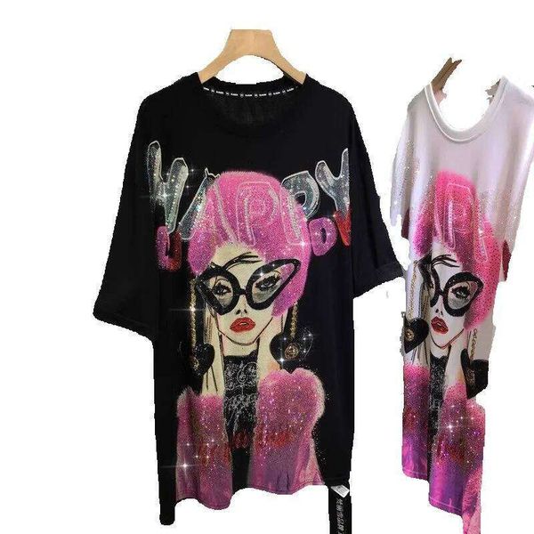 Clothing 1.0-150kg Fat MM Korean Style Women's Fashion European Trend Plus Size Heavy Embroidered Rhinestone Printed Letter Short Sleeve T-Shirt