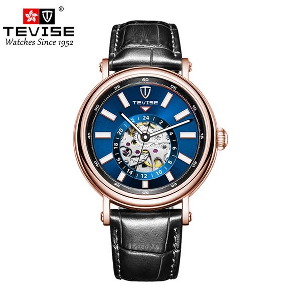 Swiss TEVISE Mechanical Watch Classic Automatic Hollow Genuine Leather Men's Watch Waterproof Luminous Luxury Watch Mens T004 9829