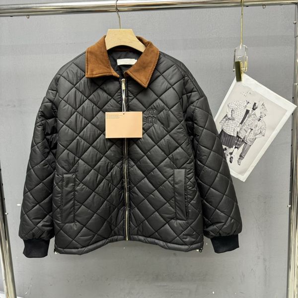 Designer Womens Jackets Retro British style light core velvet contrasting color lapel diamond patterned cotton coat jacket