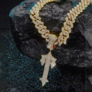 Cross-shaped sword pendant with diamonds, Cuban chain, hip-hop niche jewelry, men's and women's necklace