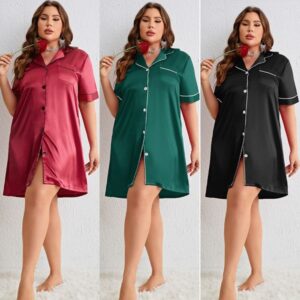 Nightgowns for Women Sexy Satin Sleep Shirt Button Down Night Shirts Silky Sleep Dress Boyfriend V Neck Sleepwear Home Clothing Satin Plus Size