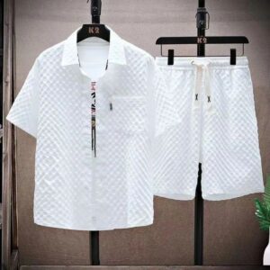 Summer Men Sets Casual Oversize Plaid Lapel Short Shirts Shorts TwoPiece Solid Sleeve Loose Fashion Streetwear 240601