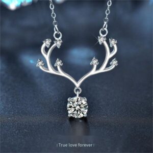 925 Sterling Silver Antler Pendant Necklace with Moissanite, Unique Christmas Gift for Women, Delicate Collarbone Chain Jewelry